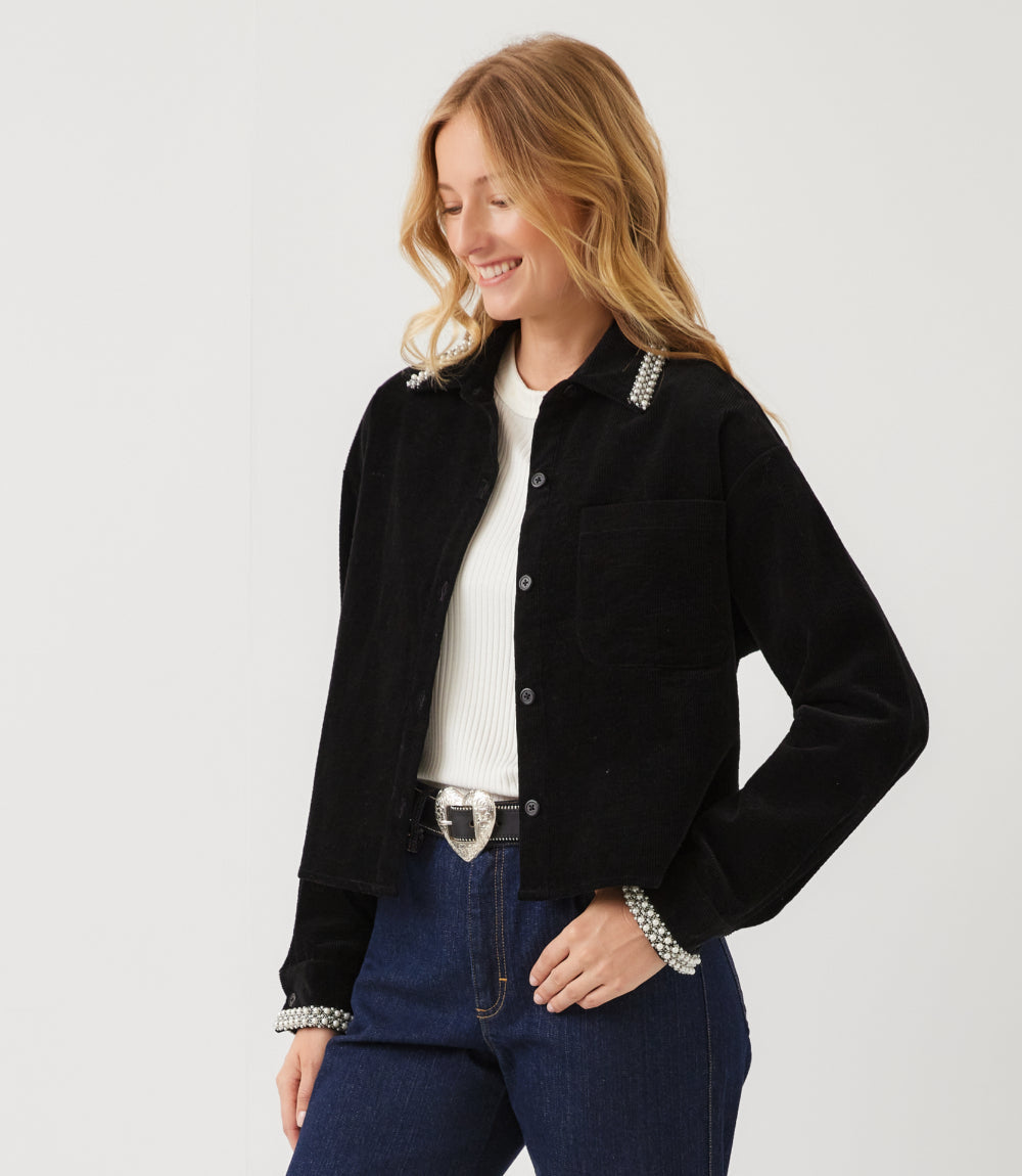 Long Sleeve Embellished Corduroy Button-Up Top