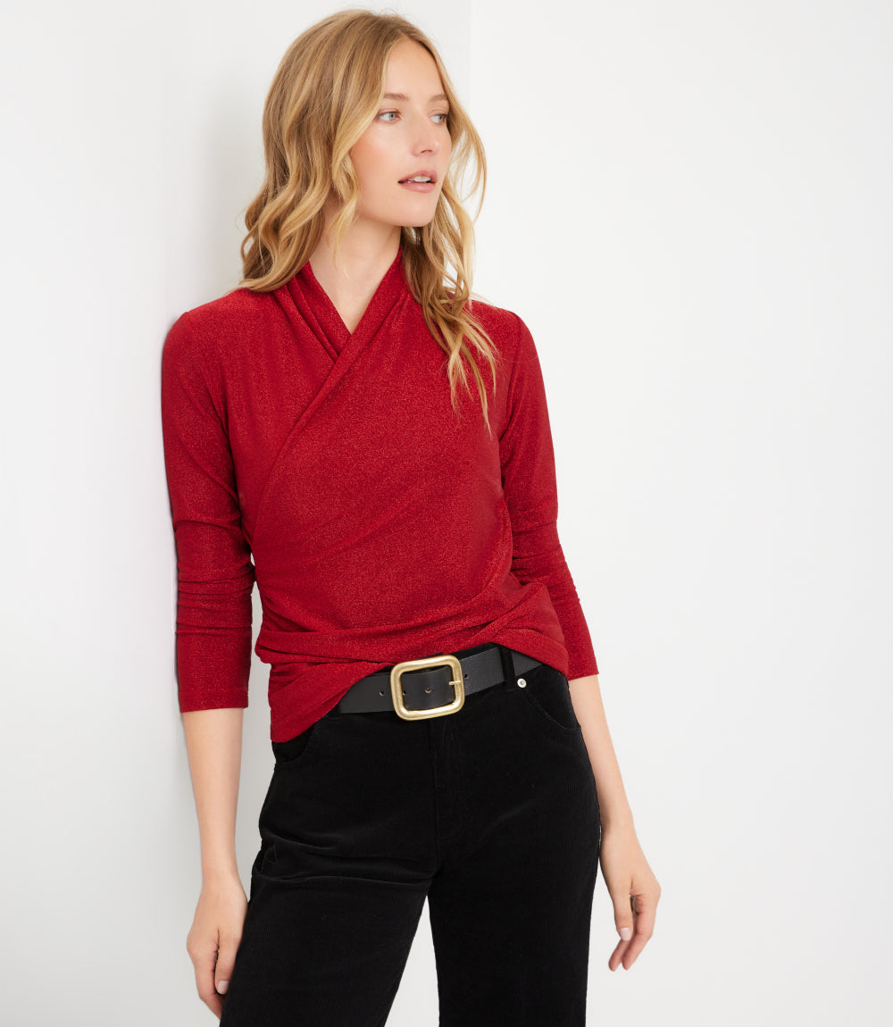 Long Sleeve Crossover Side-Shirred Top