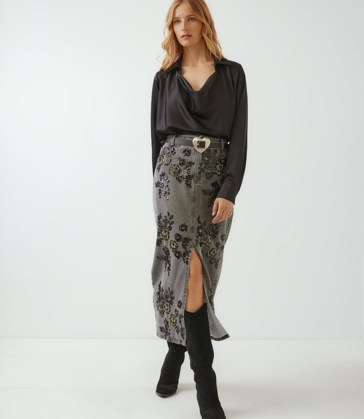 Sequin Denim Pencil Front-Slit Midi Skirt