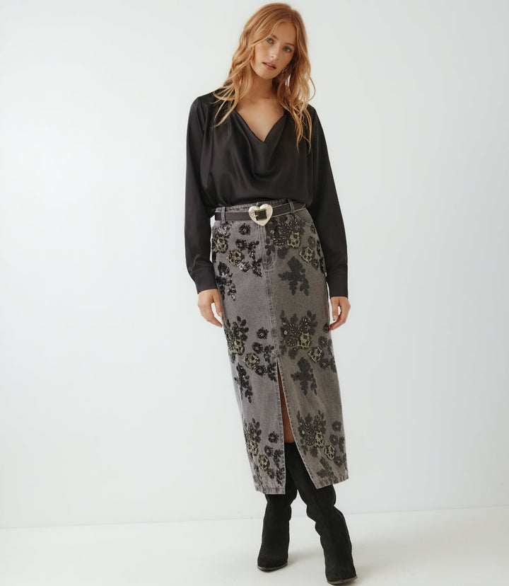 Sequin Denim Pencil Front-Slit Midi Skirt