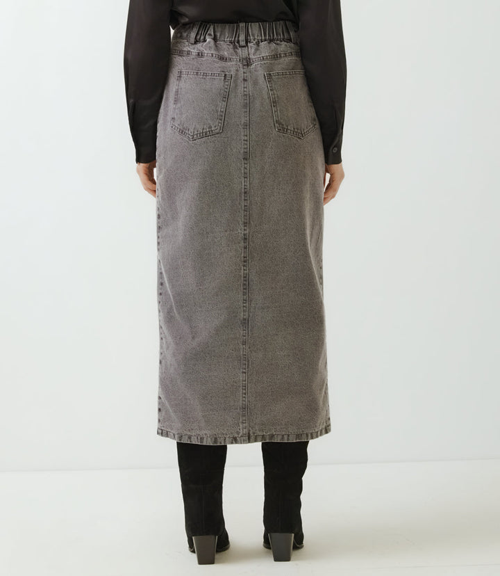 Sequin Denim Pencil Front-Slit Midi Skirt