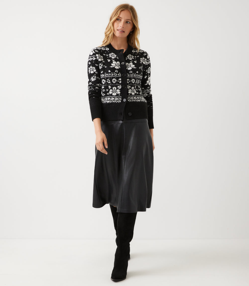 Floral Jacquard Crewneck Cardigan Sweater