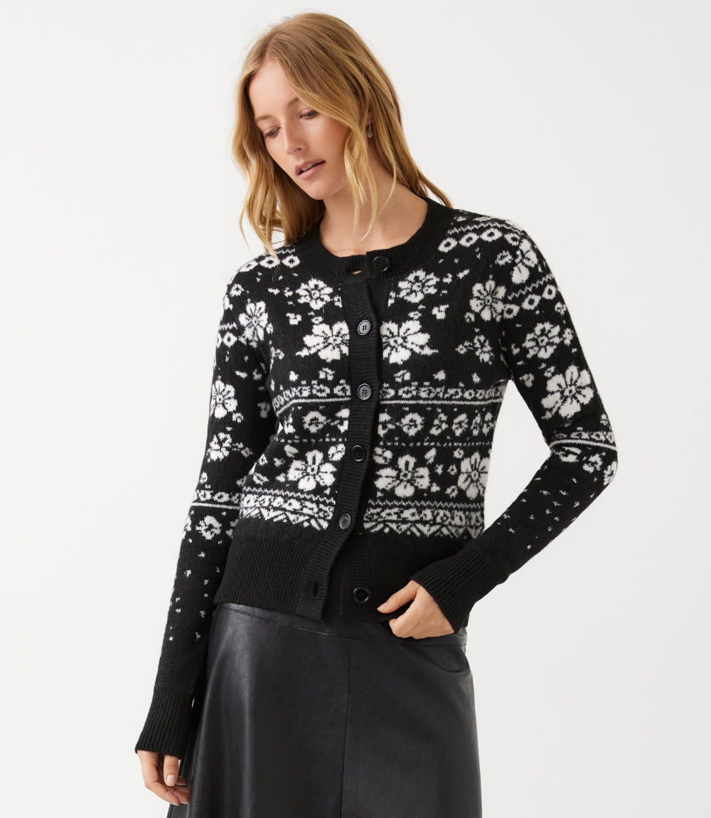 Floral Jacquard Crewneck Cardigan Sweater