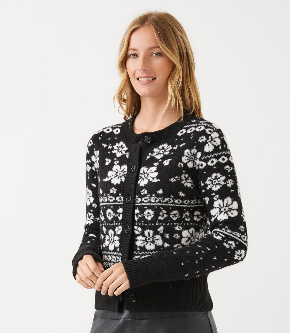 Floral Jacquard Crewneck Cardigan Sweater