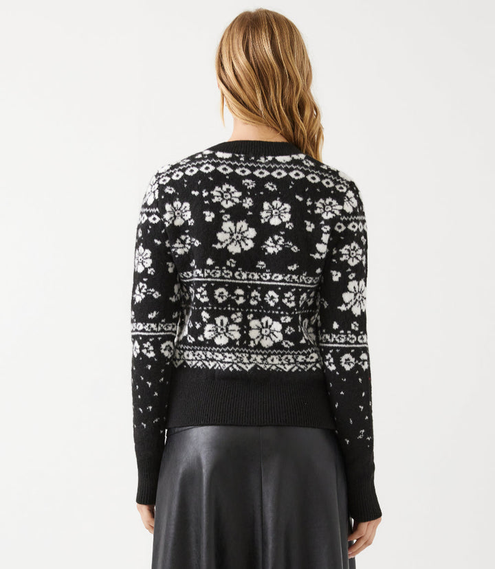 Floral Jacquard Crewneck Cardigan Sweater