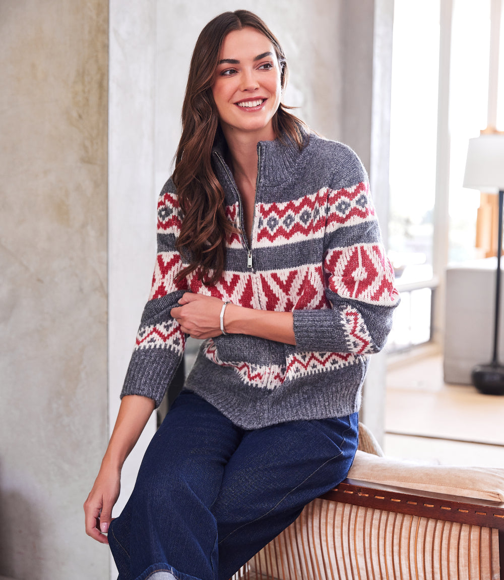 Mockneck Jacquard Zip Sweater