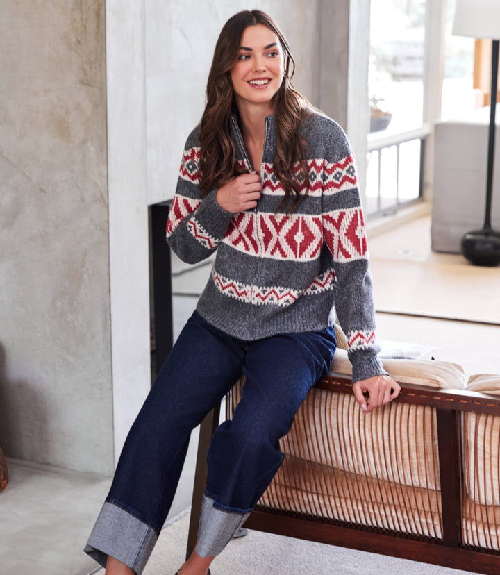 Mockneck Jacquard Zip Sweater