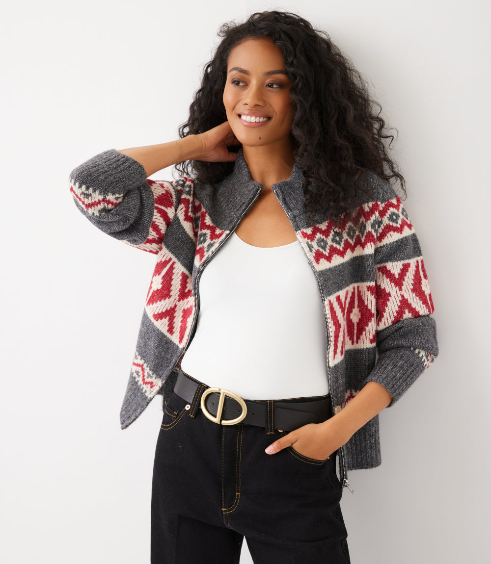 Mockneck Jacquard Zip Sweater