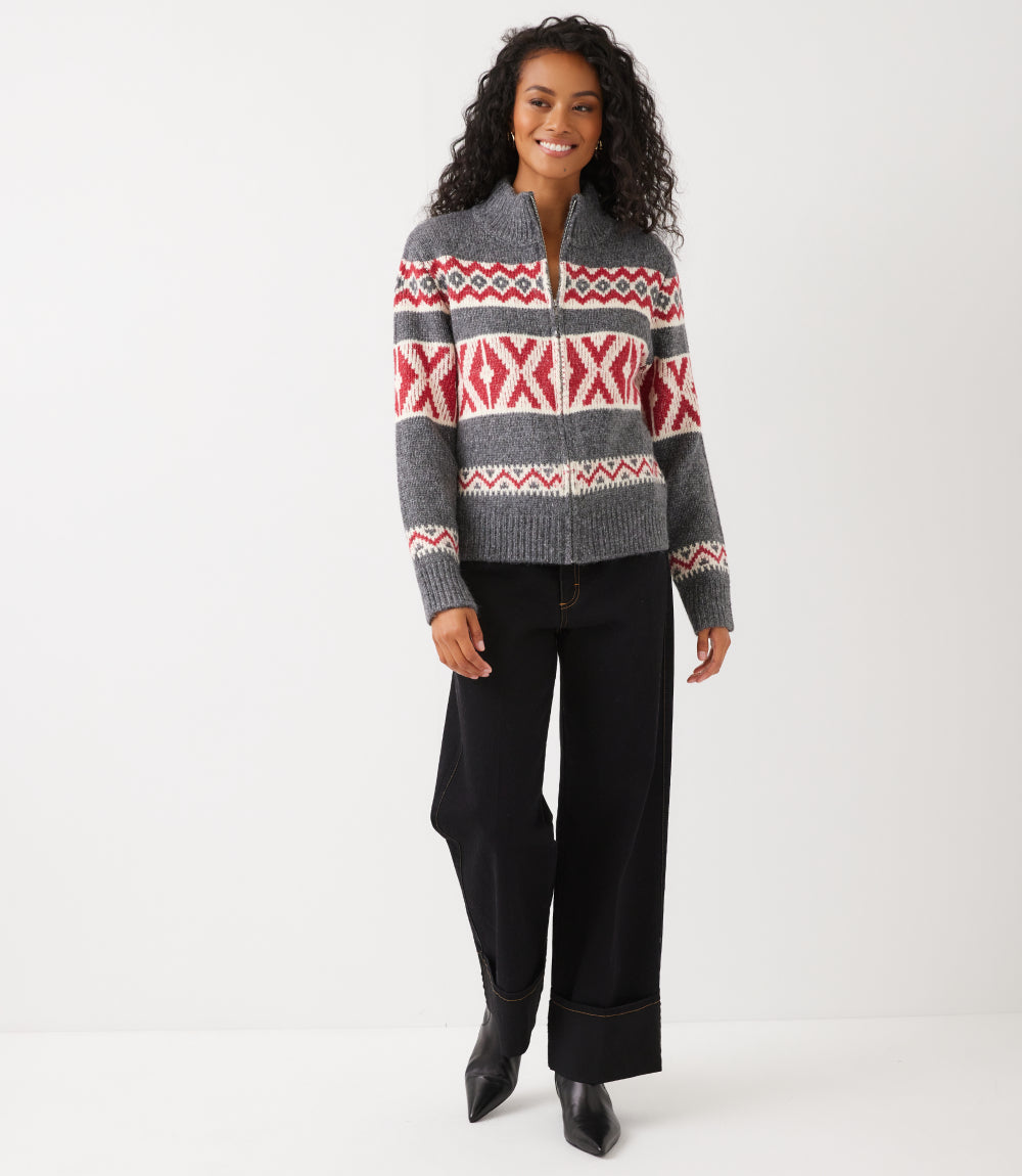 Mockneck Jacquard Zip Sweater