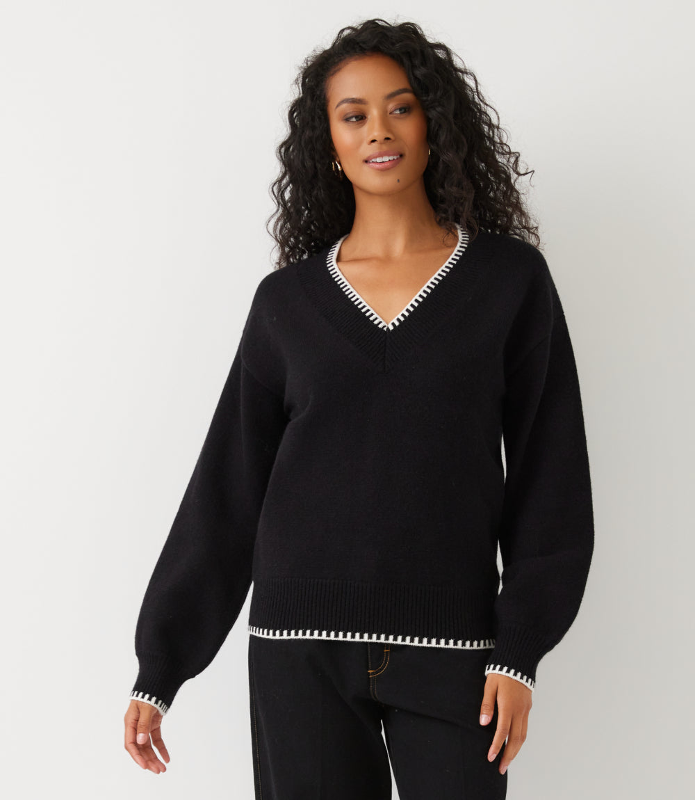 Varsity V-Neck Contrast Stitch Sweater