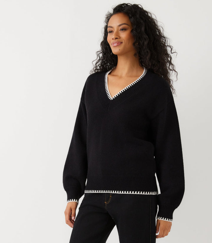 Varsity V-Neck Contrast Stitch Sweater