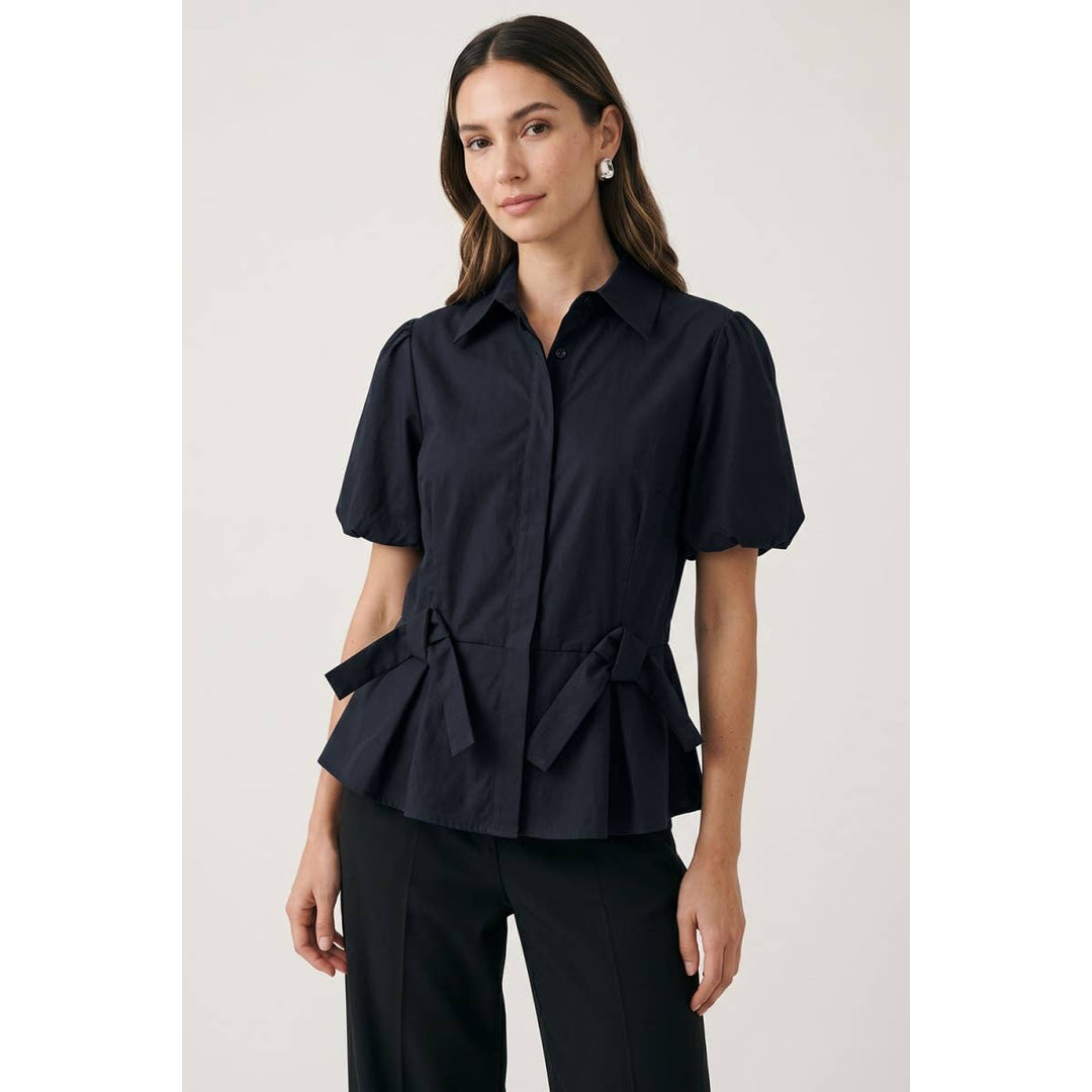 Collared Puff-Sleeve Peplum Top — Callista