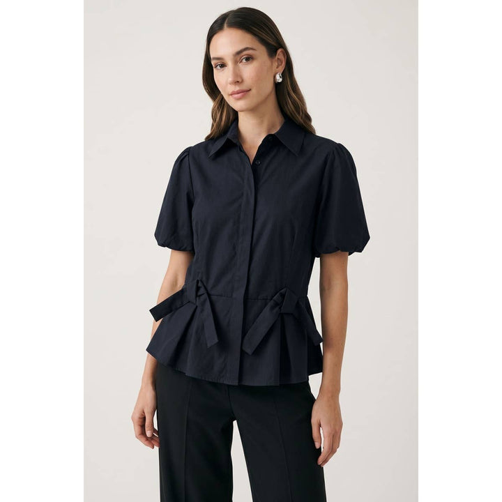 Collared Puff-Sleeve Peplum Top — Callista