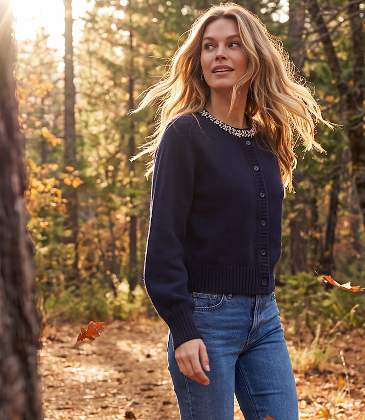 Embellished Crewneck Cardigan Sweater