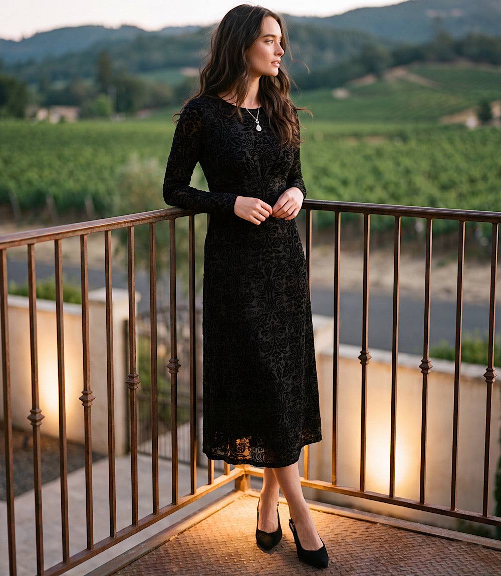 Long Sleeve Velvet Burnout Midi Dress