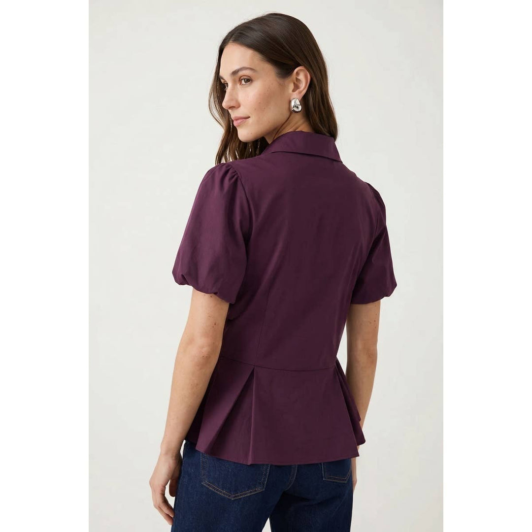 Collared Puff-Sleeve Peplum Top — Callista
