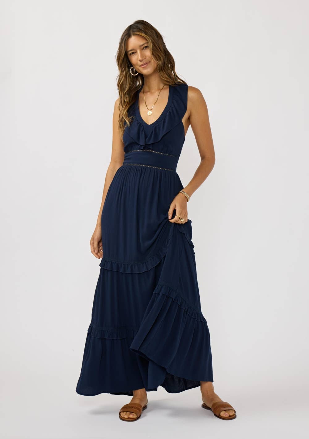 navy tiered ruffle maxi dress for women