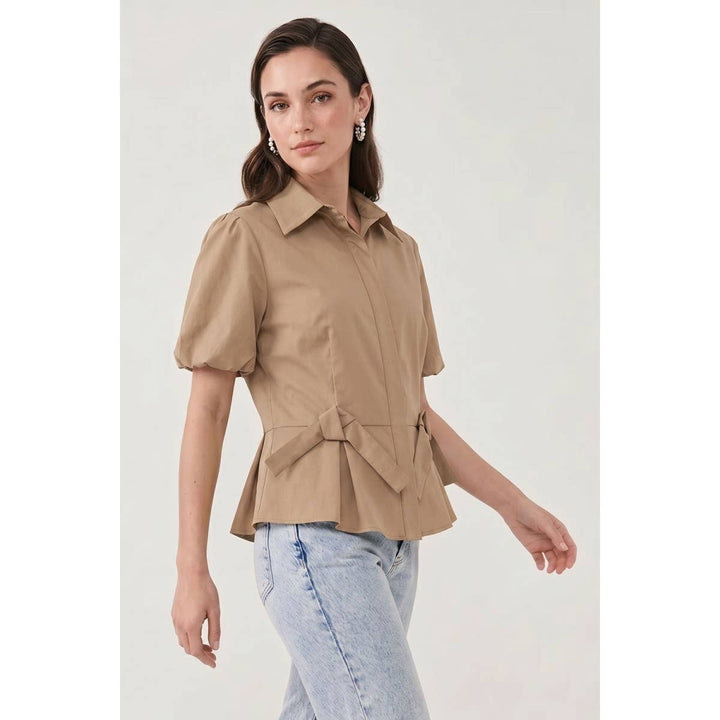 Collared Puff-Sleeve Peplum Top — Callista