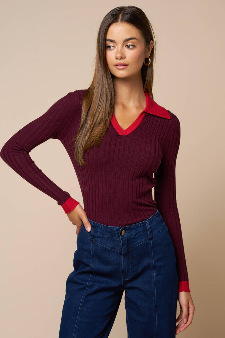 Contrast Collar Ribbed Sweater — Marisela