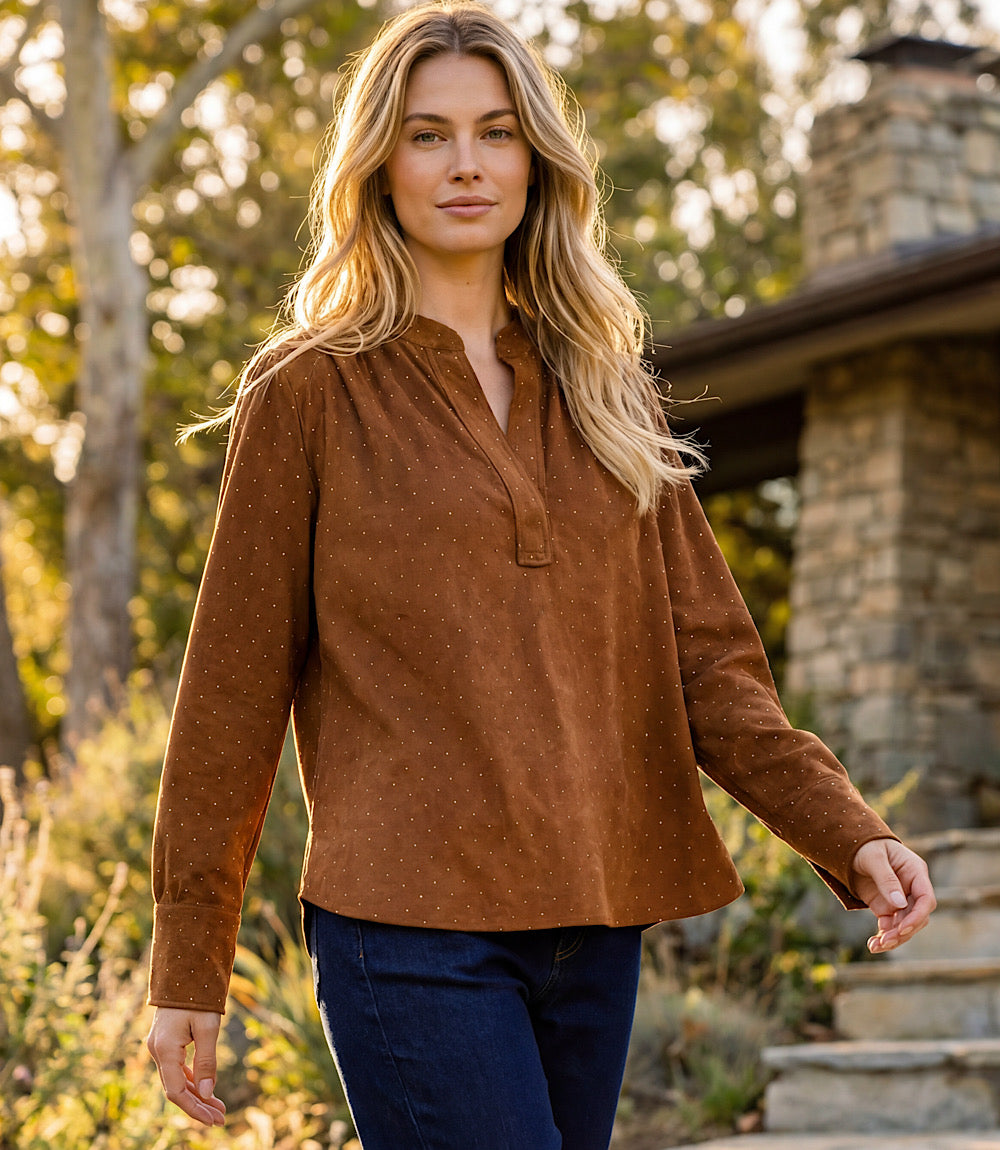 Faux Suede Embellished Half-Placket Shirt