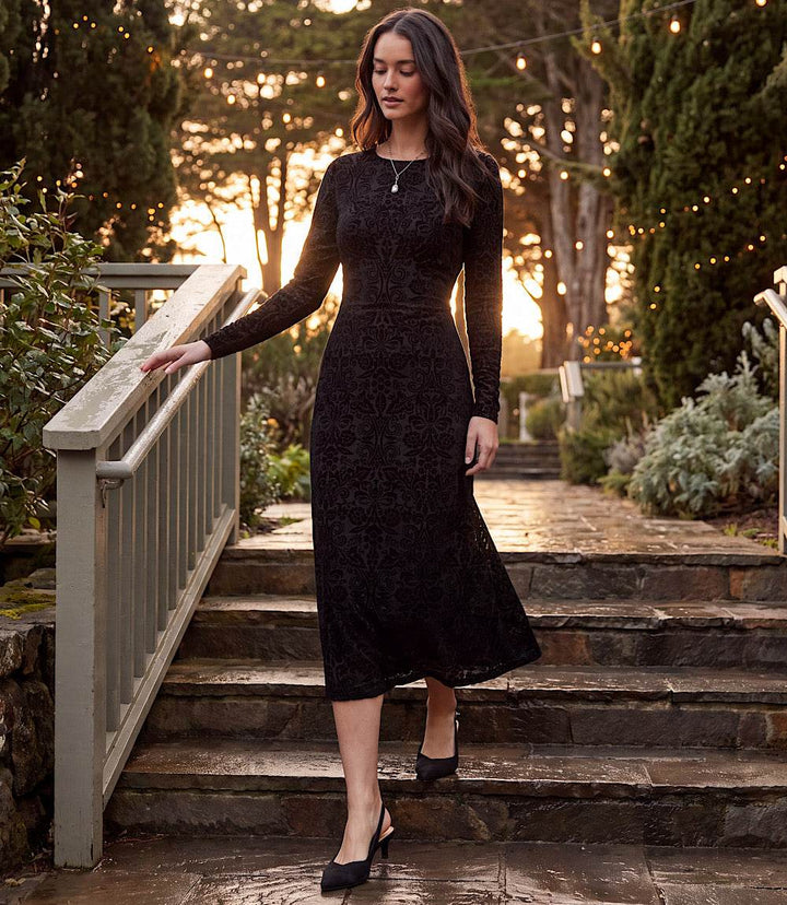 Long Sleeve Velvet Burnout Midi Dress