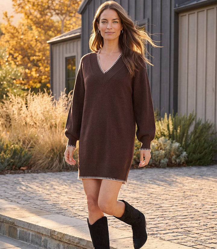Varsity V-Neck Sweater Dress