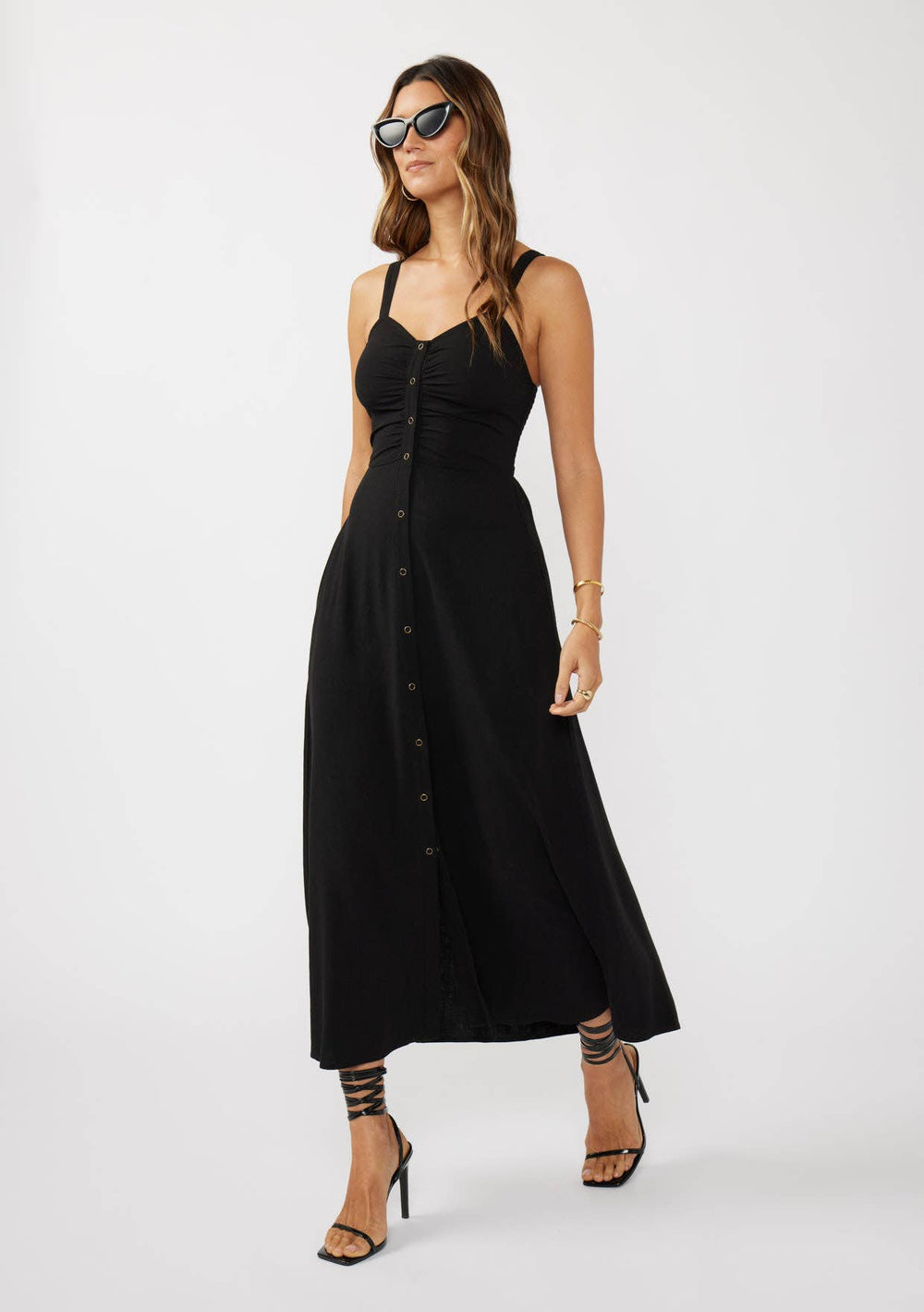 black button-front ruched maxi dress for women