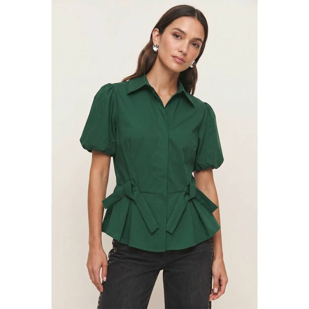 Collared Puff-Sleeve Peplum Top — Callista