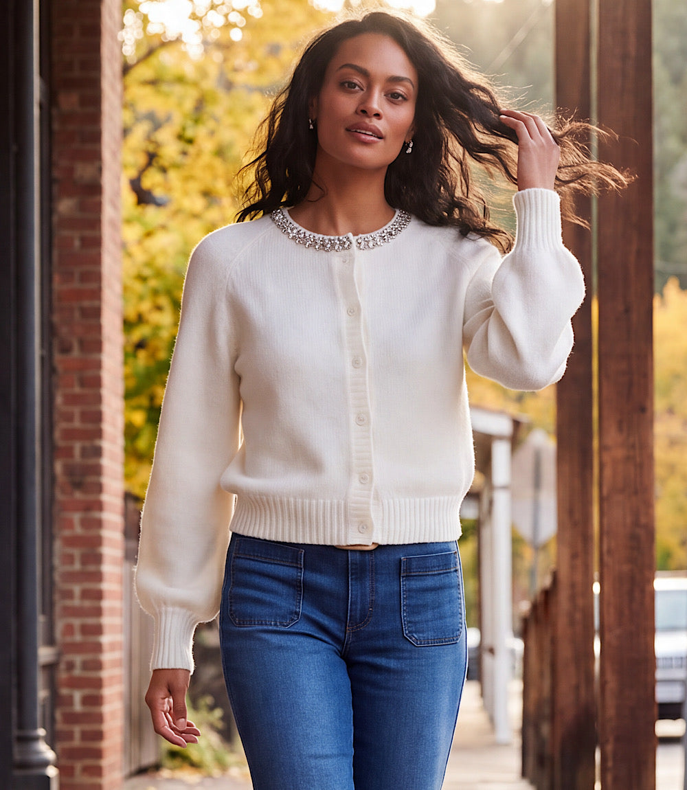 Embellished Crewneck Cardigan Sweater
