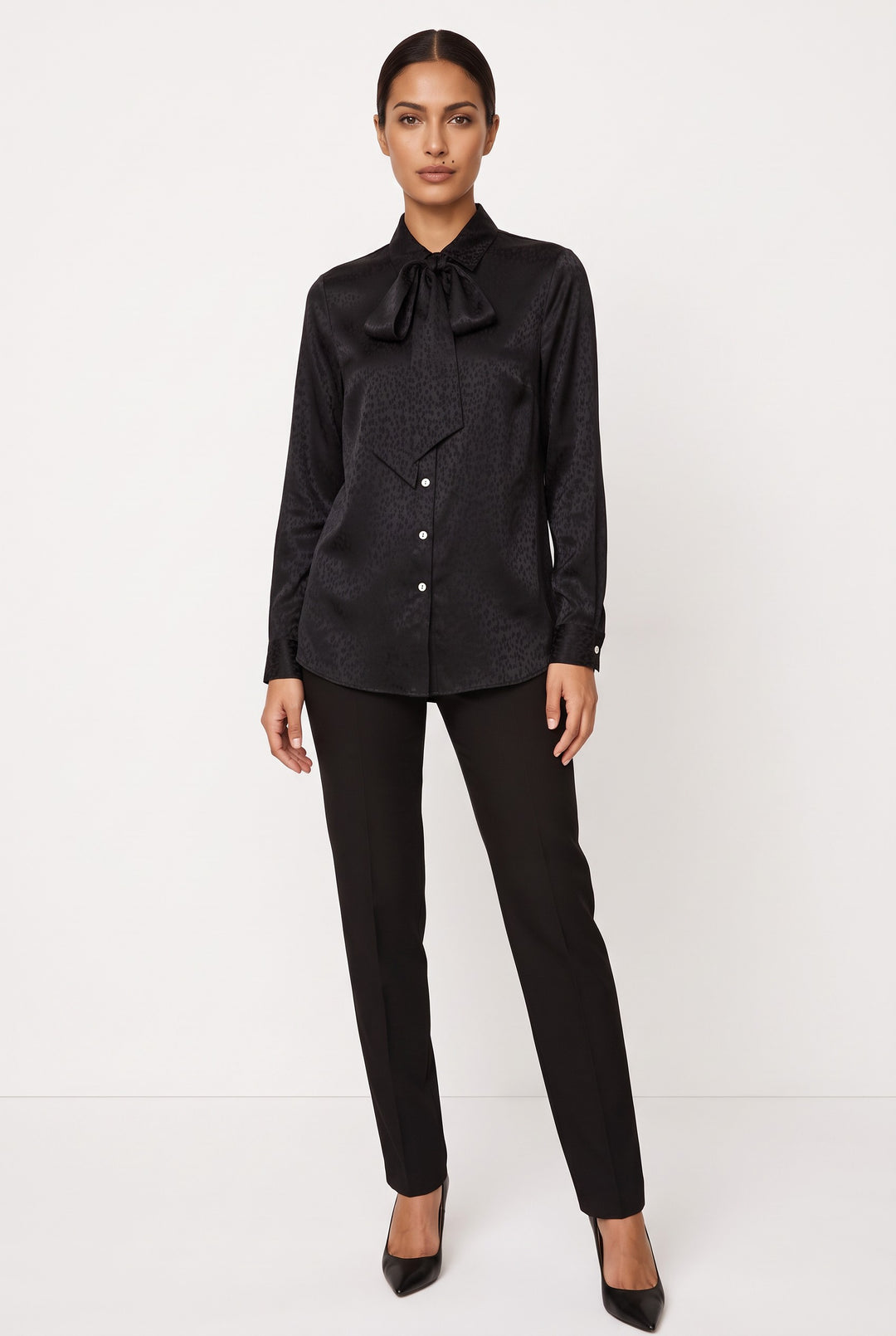Button-Front Bow Neck Blouse — Blythe