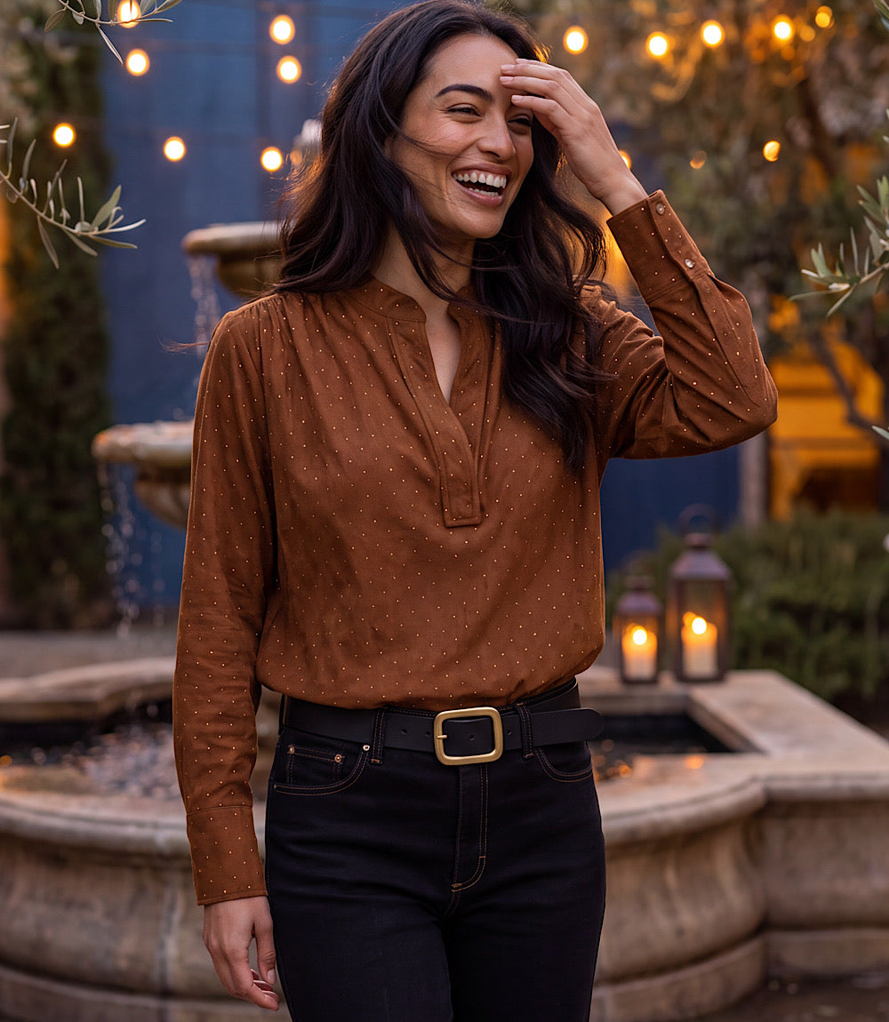 Faux Suede Embellished Half-Placket Shirt