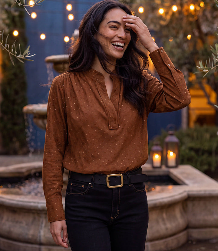 Faux Suede Embellished Half-Placket Shirt