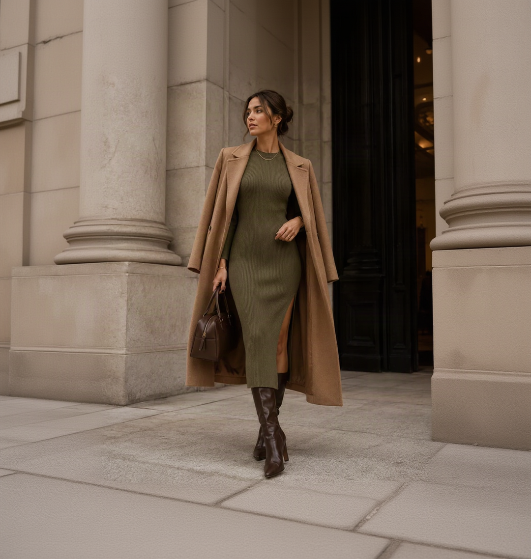 A woman stands on a stone sidewalk in front of a building, wearing a camel mid-length coat over an olive green ribbed knit midi dress, with dark brown knee-high boots and a brown handbag.