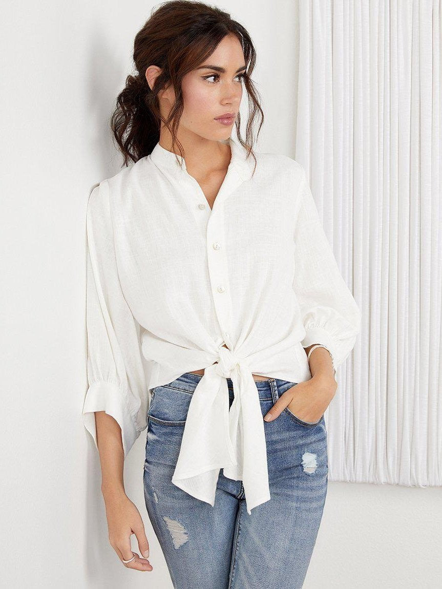 cream tie-front top for women