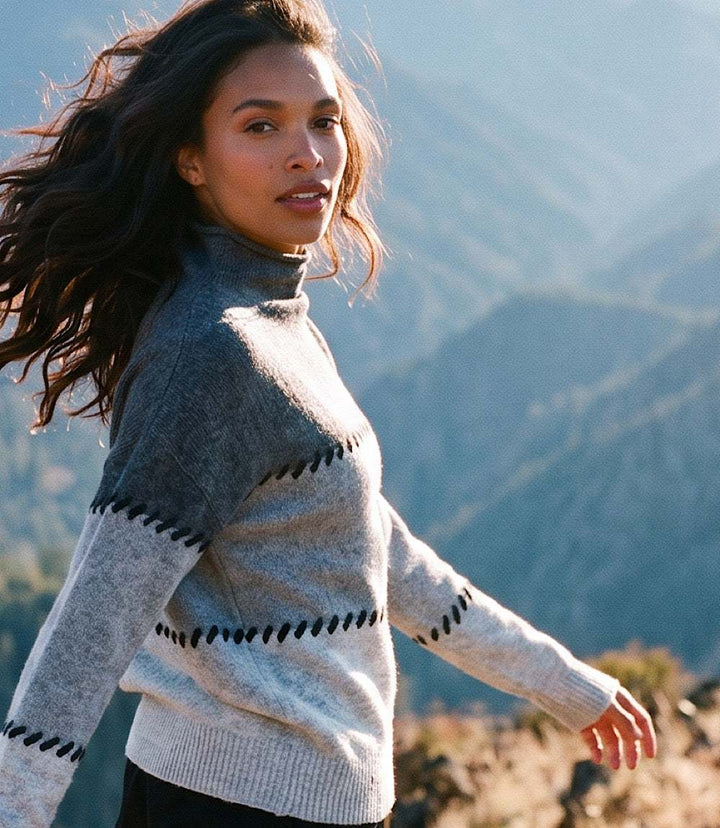 Contrast Stitch Mock Neck Colorblock Sweater