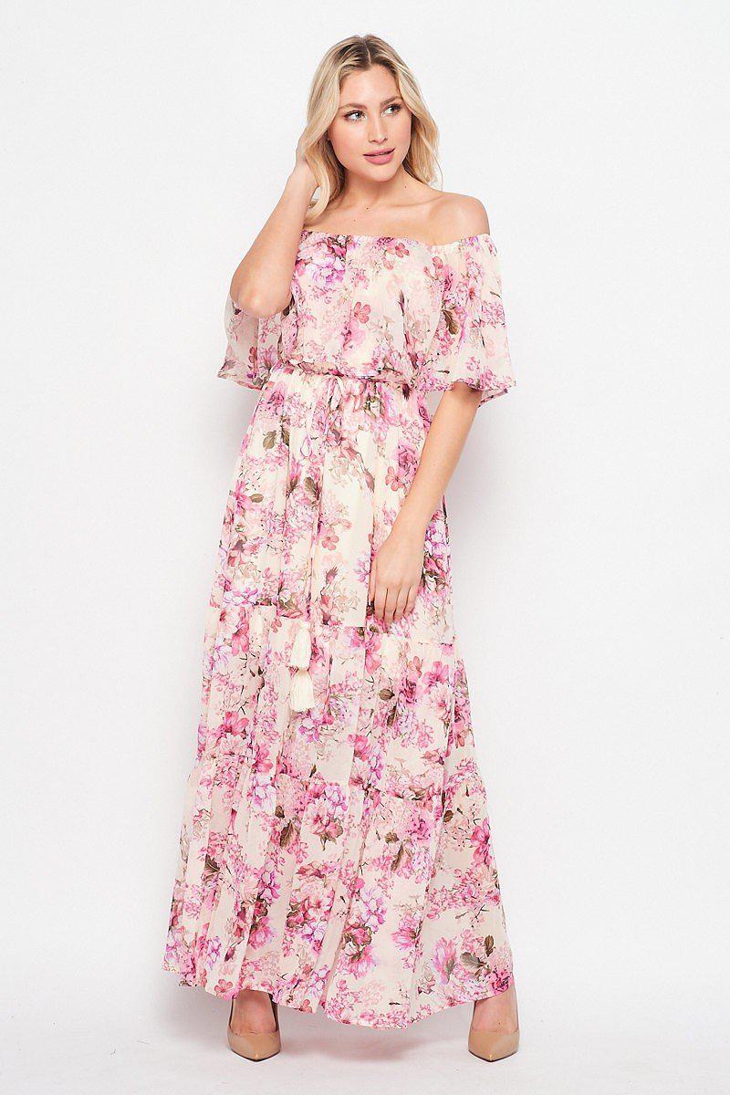 off-shoulder floral maxi dress for women