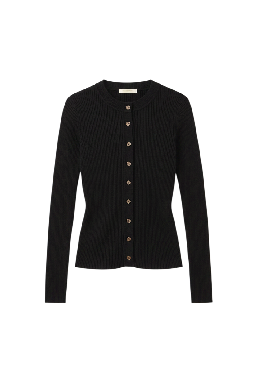 CAL JUNE black slim-fit ribbed knit cardigan with a crew neckline and full button-front closure.