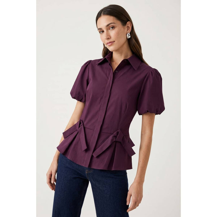 Collared Puff-Sleeve Peplum Top — Callista