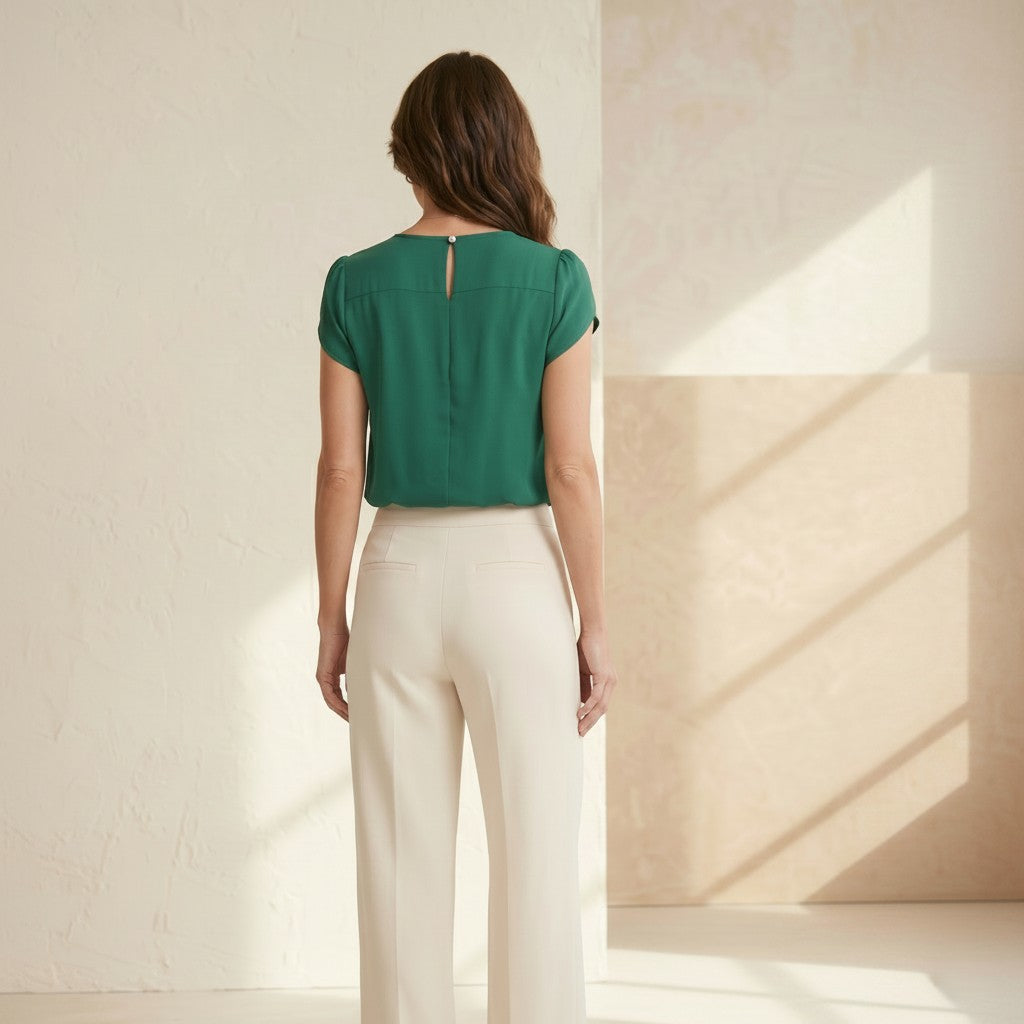 CAL JUNE The Arden Blouse in emerald green, a refined and feminine short-sleeve top.