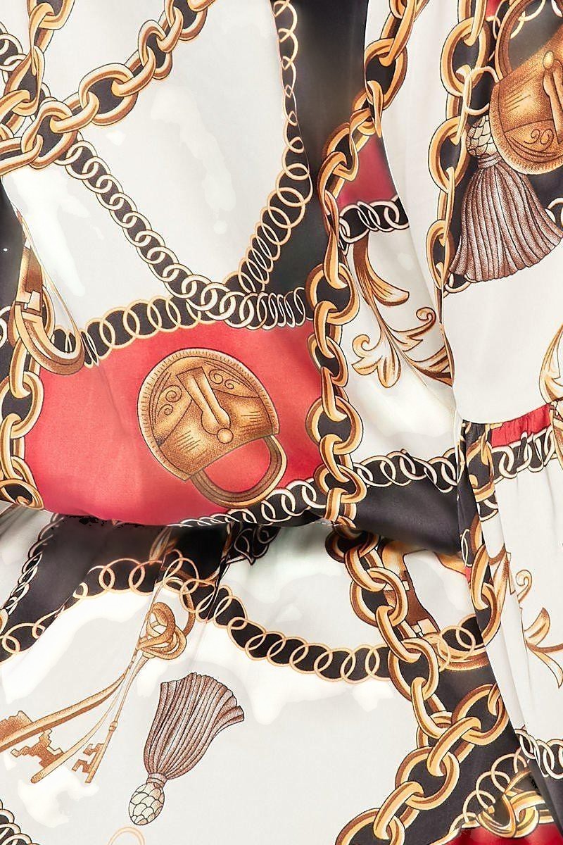 CAL JUNE Aria Button-Front Mini Dress with chain and baroque print, V-neck, drawstring waist, balloon sleeves, and mini skirt.