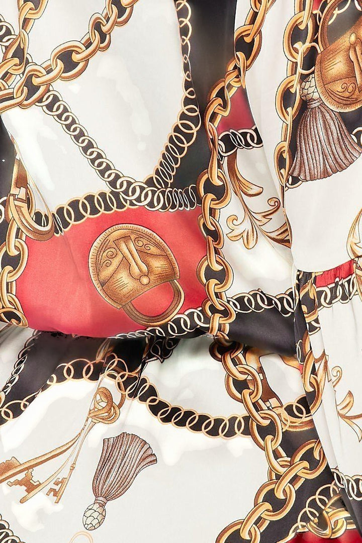 CAL JUNE Aria Button-Front Mini Dress with chain and baroque print, V-neck, drawstring waist, balloon sleeves, and mini skirt.