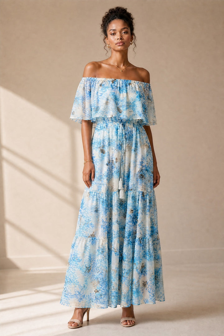 CAL JUNE Arielle off-shoulder maxi dress with blue floral print, flutter sleeves, tiered skirt, and tassel drawstring waist.