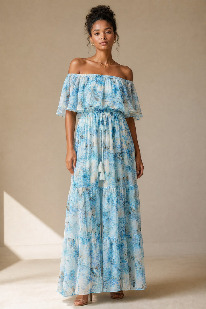 CAL JUNE Arielle off-shoulder maxi dress with blue floral print, flutter sleeves, and tassel drawstring waist.