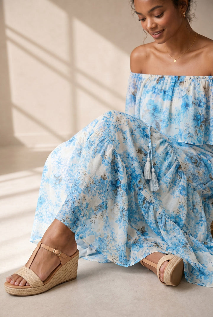 CAL JUNE Arielle off-shoulder floral maxi dress in blue and cream with tiered skirt and tassel drawstring waist.