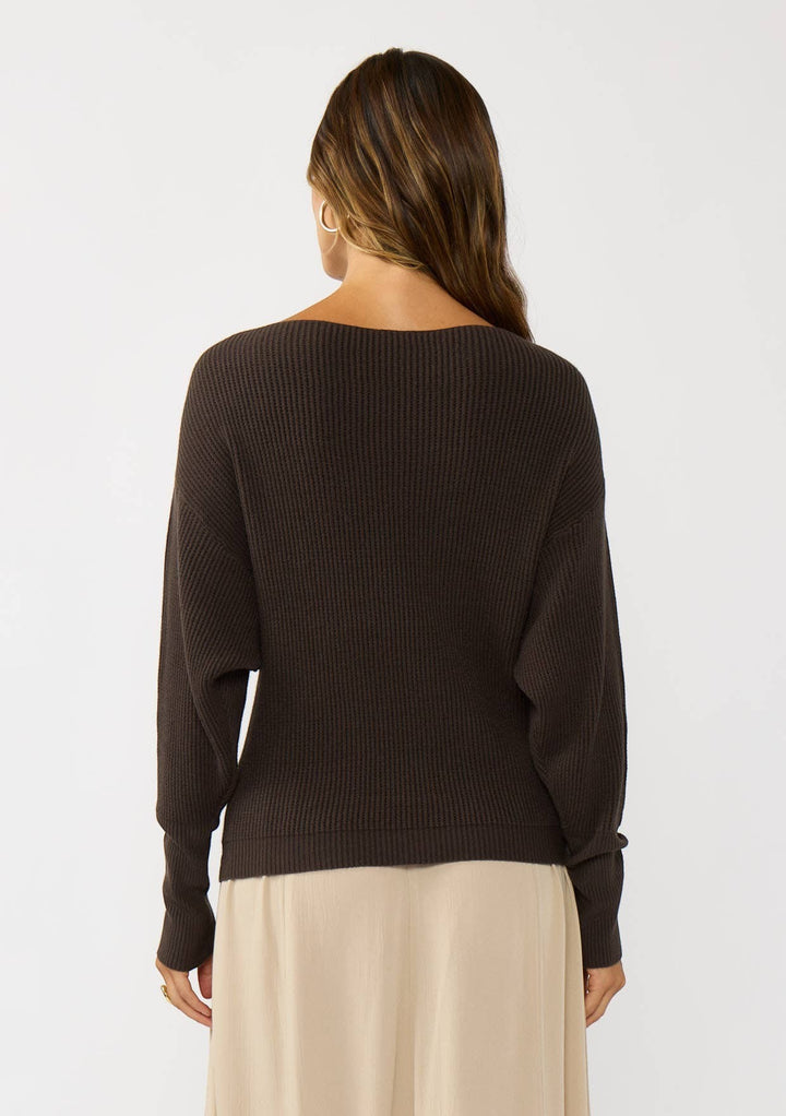 CAL JUNE The Avery Knit Top in dark brown, a versatile and refined knit with a boat neckline and ribbed texture.
