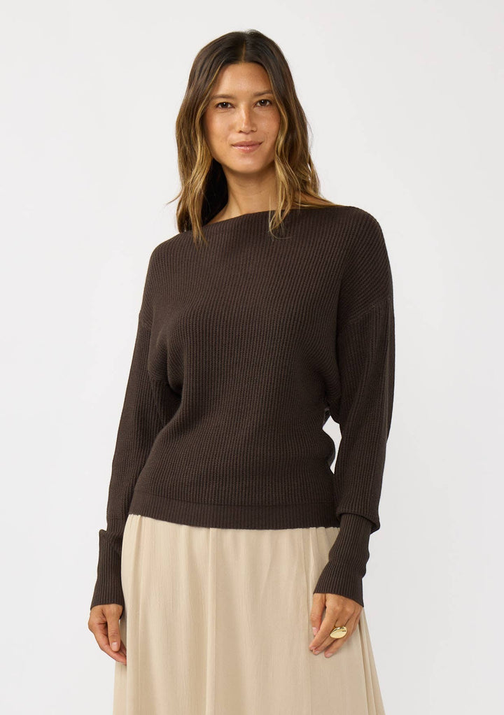 CAL JUNE The Avery Knit Top in dark brown, a ribbed boat neck sweater with long sleeves.