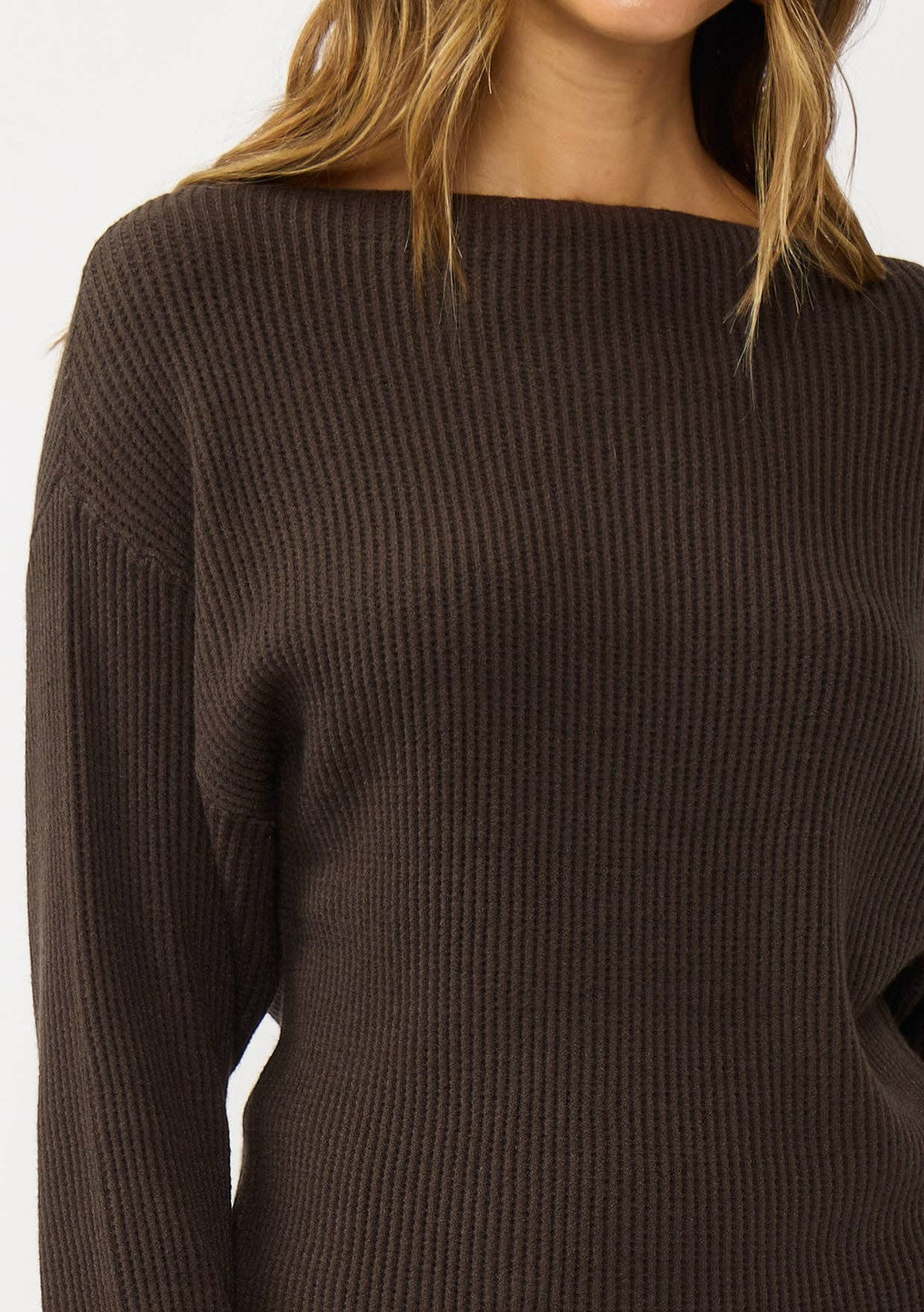 CAL JUNE Avery Knit Top in dark brown waffle knit fabric with a boat neckline. Model wears size S.