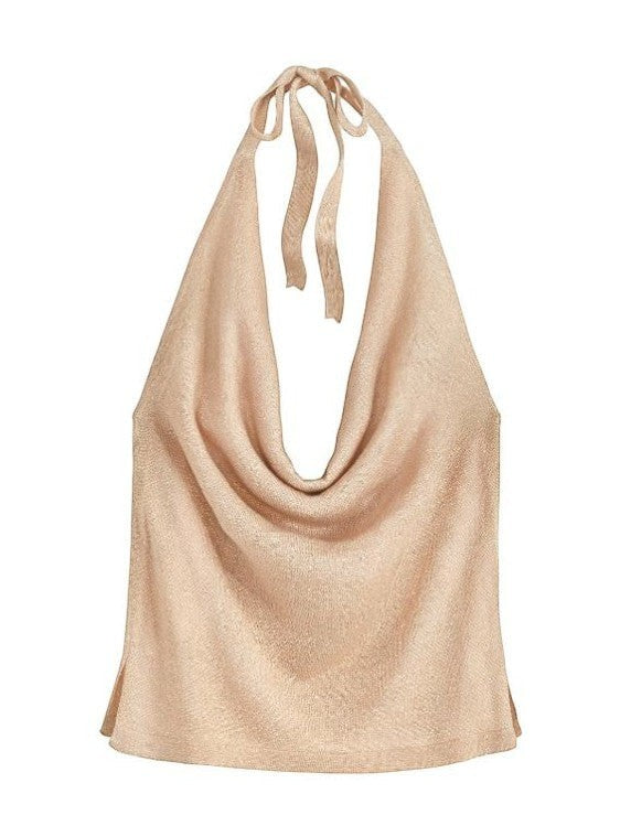 CAL JUNE beige cowl neck halter top with tie closure and low back. Shimmering fabric, perfect for evening wear.