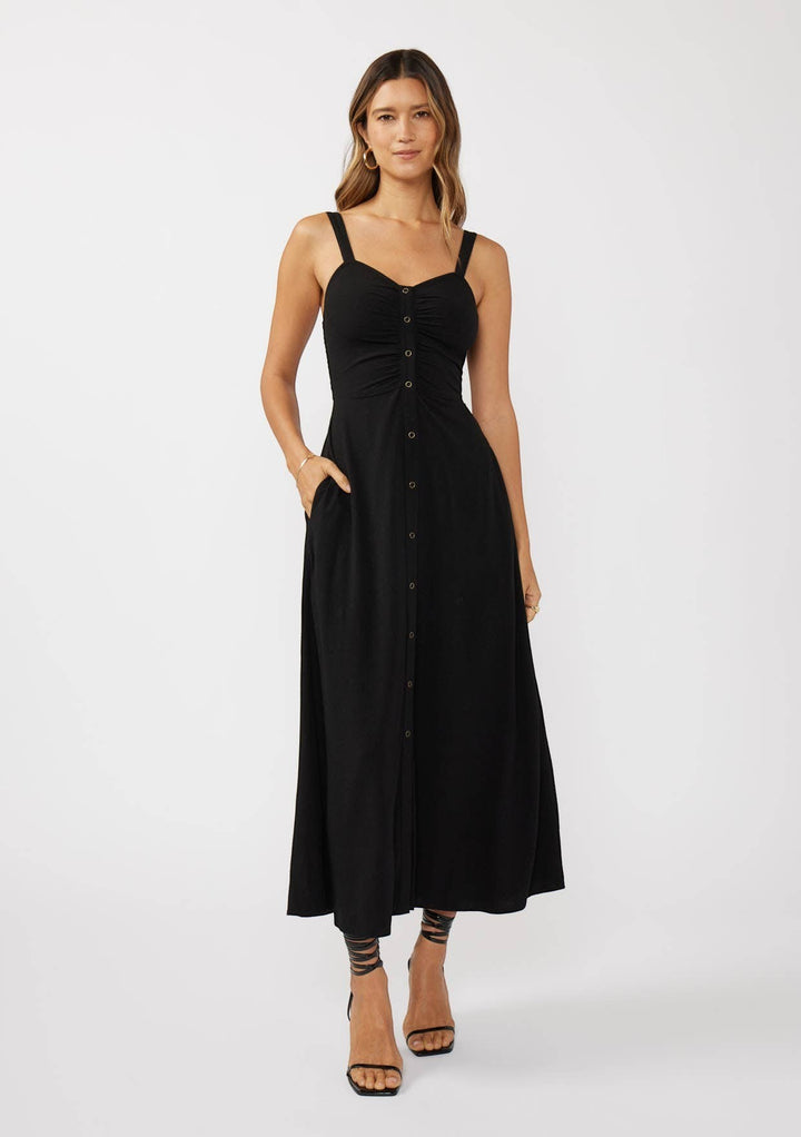 CAL JUNE black button-front maxi dress with ruched bodice and adjustable straps. Model is wearing size Small.