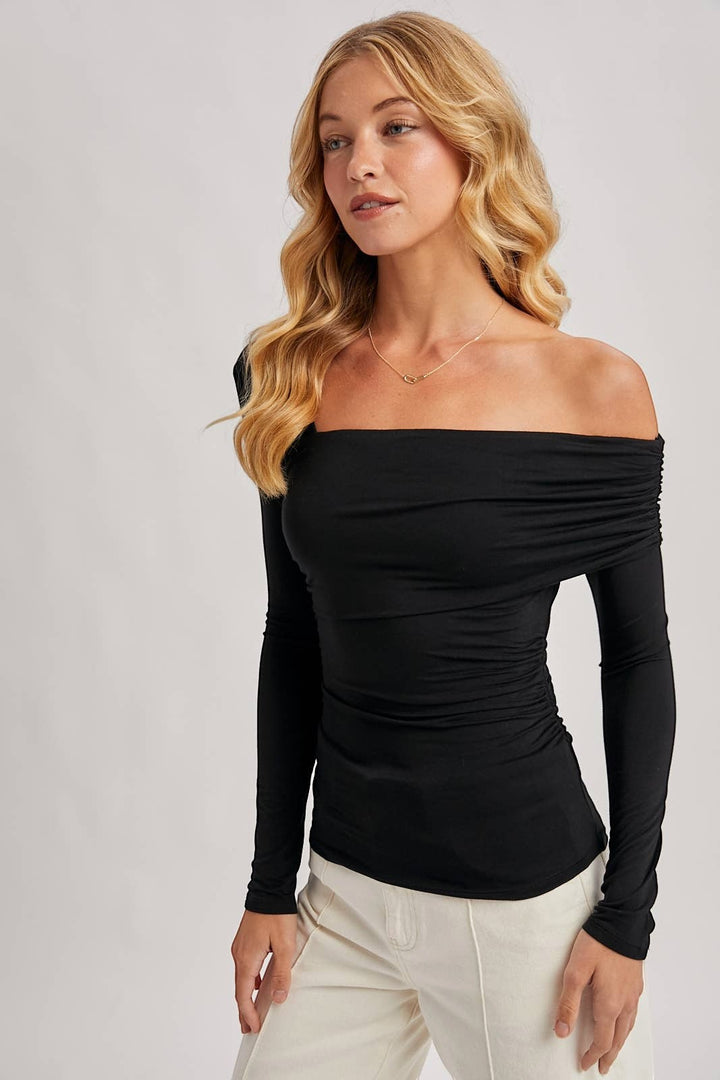 CAL JUNE black rayon-spandex knit top with off-the-shoulder neckline and ruched detailing.